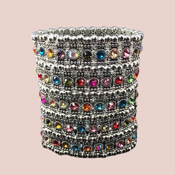 Gorgeous Bohemian India Style Crystal Silver Wide Cuff Stretch Bracelet NEW - Picture 1 of 4
